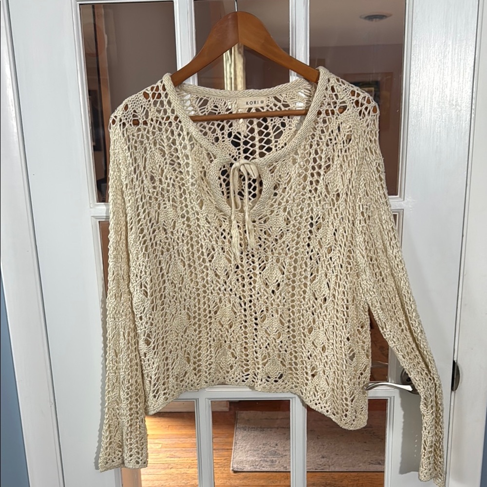 Kori Medium Elegant Cream Crochet Knit Sweater EUC